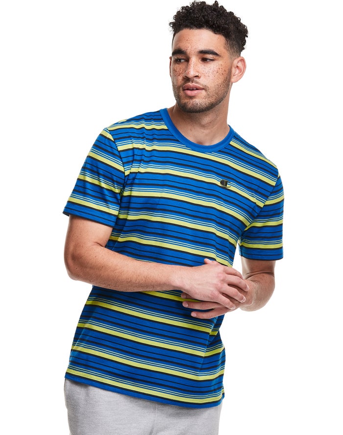 Champion Yarn-Dye Stripe C Logo T-Shirt Heren - Blauw / - Belgie 3576DRULK